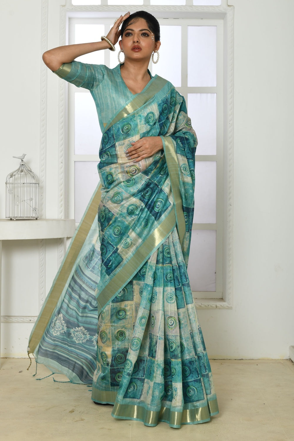 Light Blue Tussar Silk Saree With Zari Border &amp; Printed Work