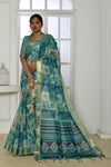 Light Blue Tussar Silk Saree With Zari Border & Printed Work