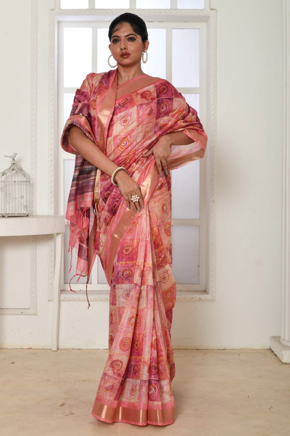 Pink Tussar Silk Saree With Zari Border &amp; Printed Work