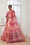 Pink Tussar Silk Saree With Zari Border & Printed Work