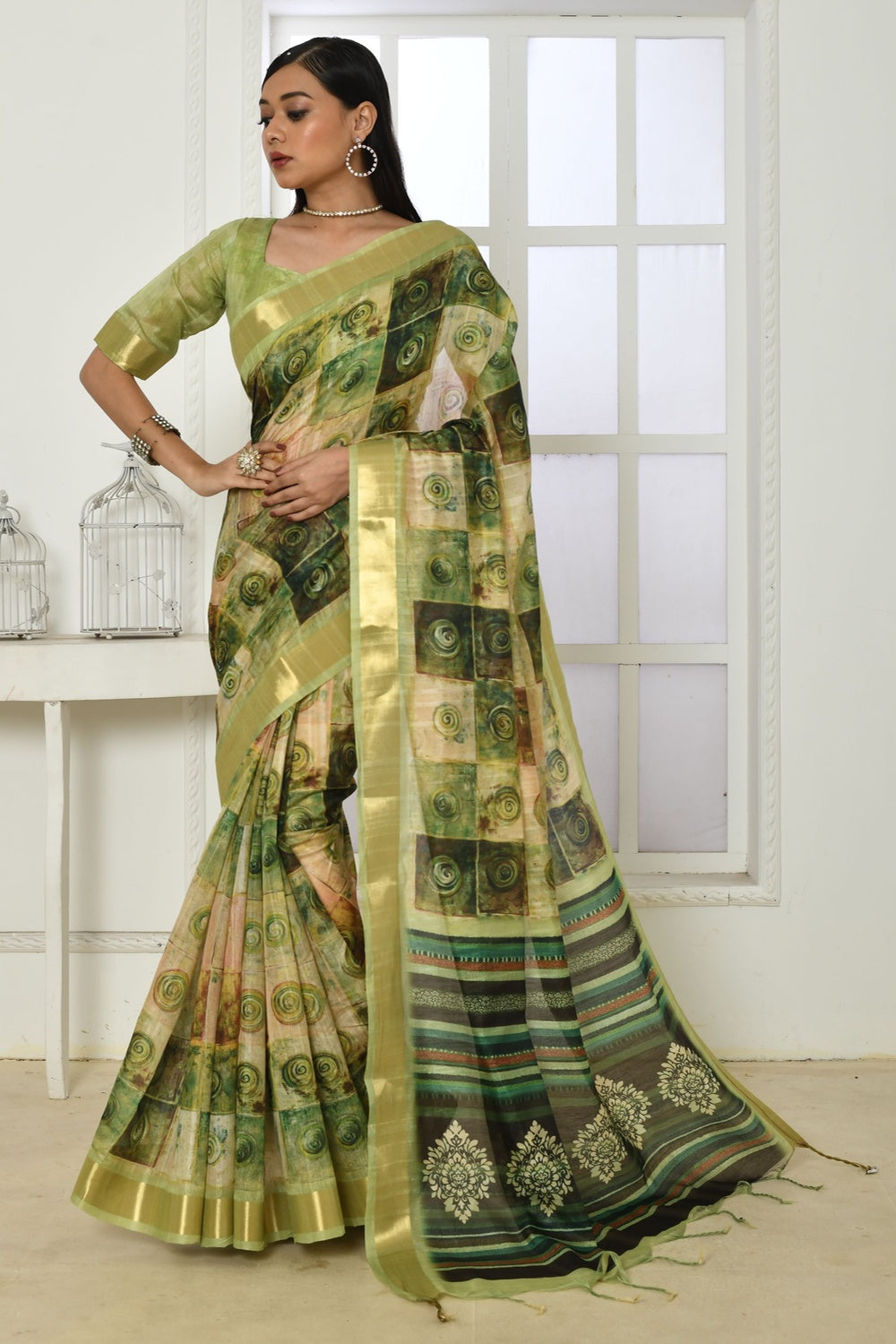 Green Tussar Silk Saree With Zari Border &amp; Printed Work
