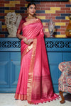 Pink Tussar Silk Saree With Zari Weaving Work