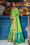Parrot Green Tussar Silk Saree With Zari Weaving Work