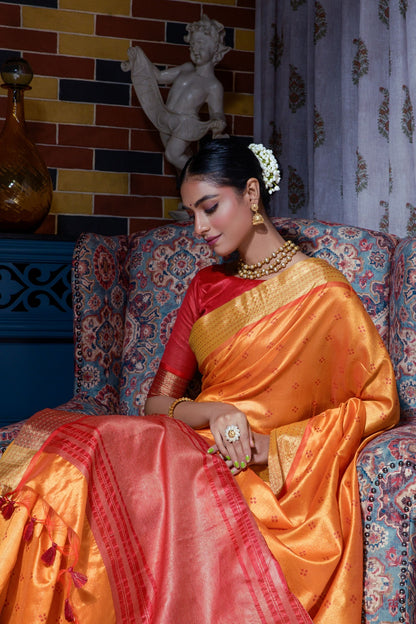 Orange Tussar Silk Saree With Zari Weaving Work