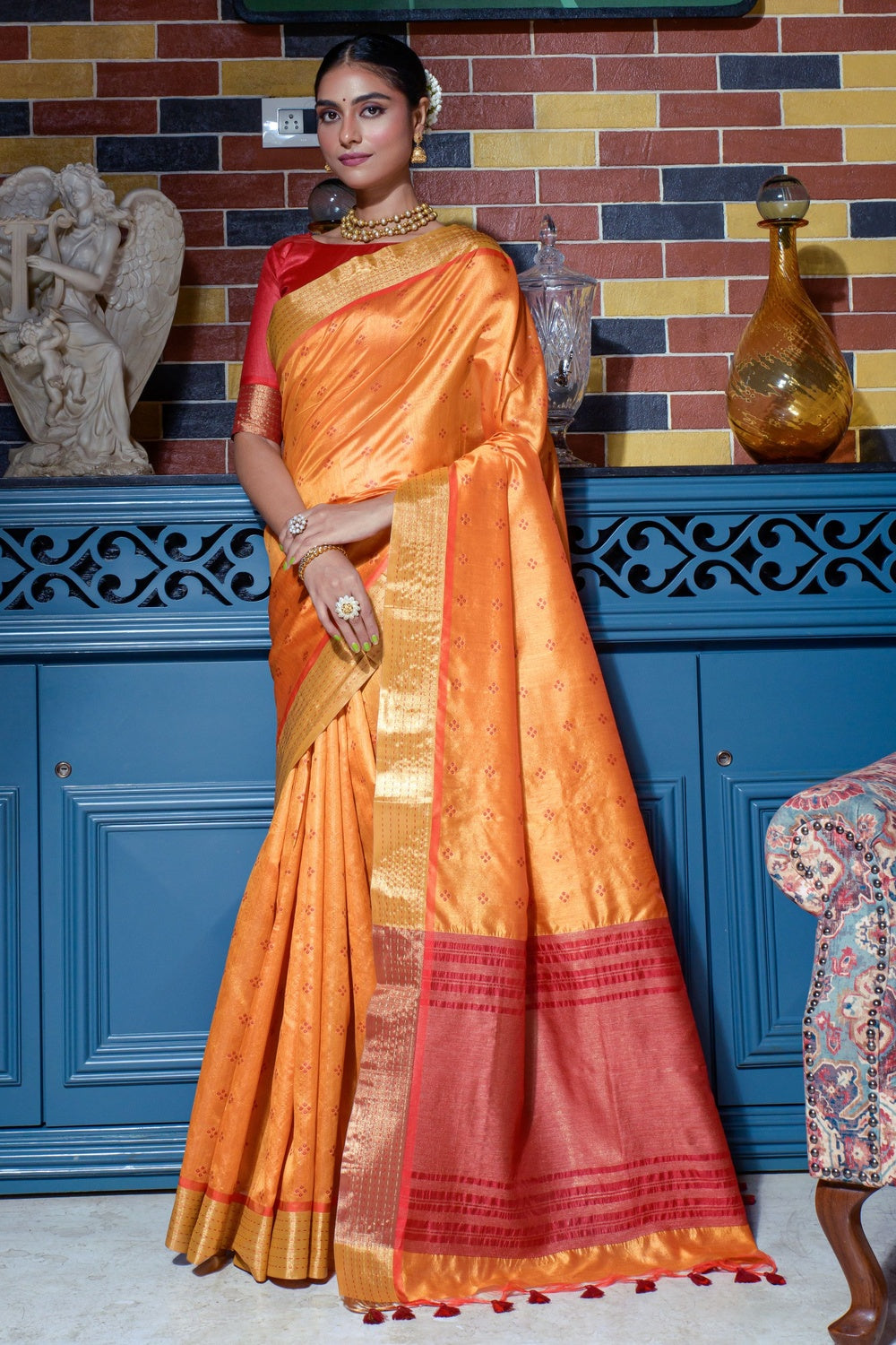 Orange Tussar Silk Saree With Zari Weaving Work
