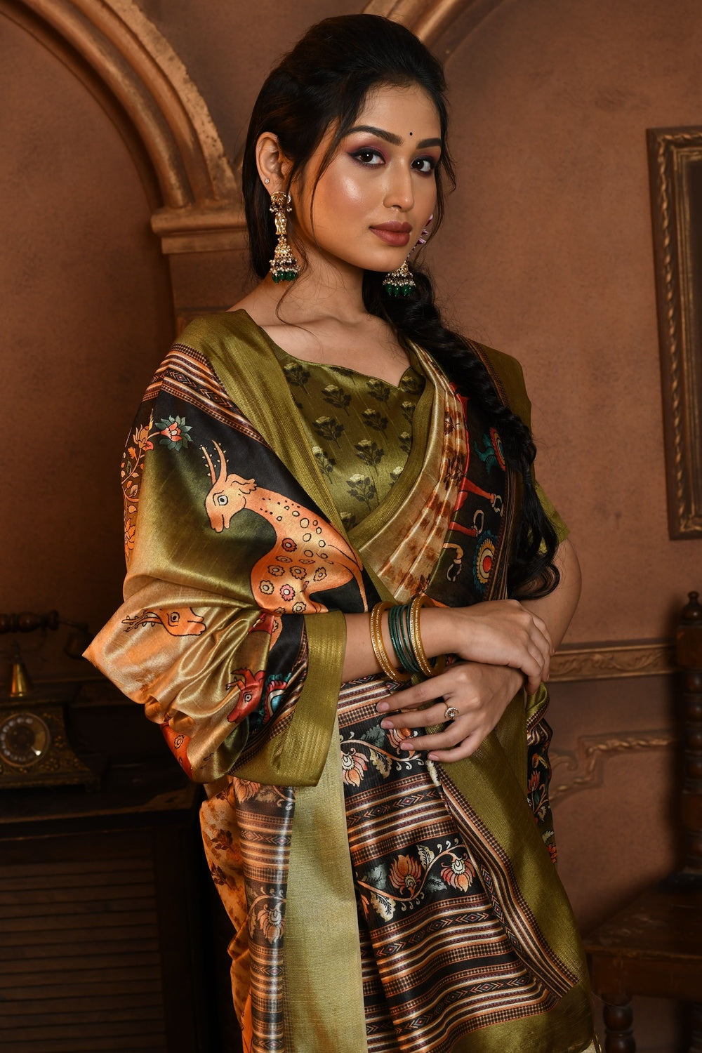 Mehendi Green Tussar Silk Saree With Kalamkari Printed Work