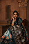 Rama Green & Sky Blue Tussar Silk Saree With Kalamkari Printed Work