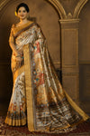 Yellow Tussar Silk Saree With Kalamkari Printed Work