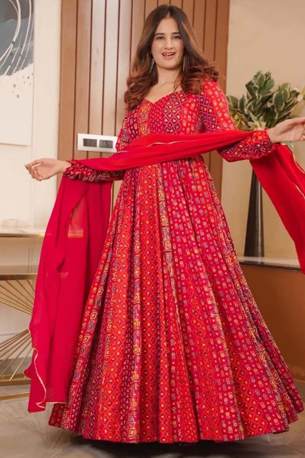Neon Red Soft Muslin Cotton Printed Work Anarkali Gown Dupatta Set