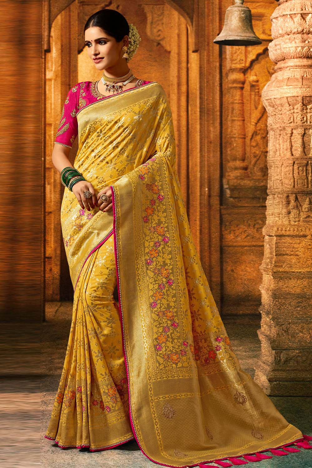 Fresh Yellow Designer Banarasi Saree With Embroidery Silk Blouse