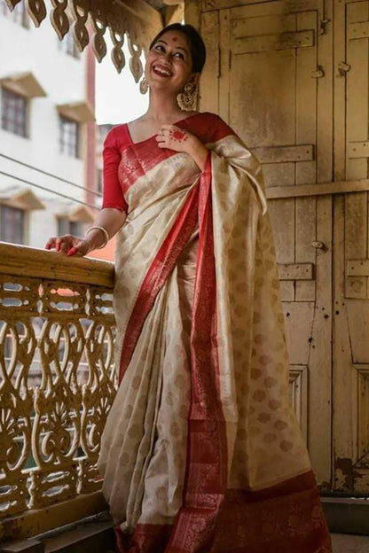 Birch Off-white and Red Zari Woven Kanjivaram Saree With Blouse