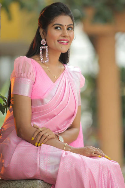 Light Pink Banarasi Silk Saree With Zari Weaving Work