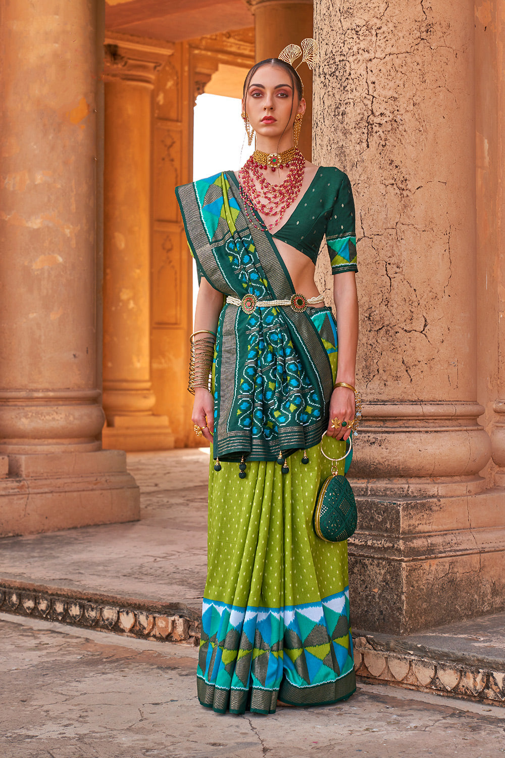 Green Colour Printed Patola Silk Saree