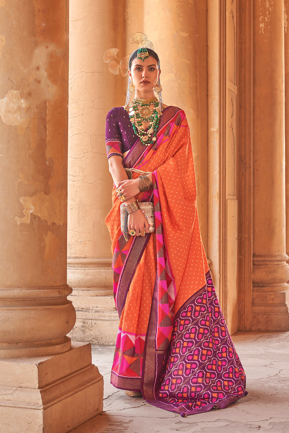 Orange Colour Printed Patola Silk Saree With Blouse