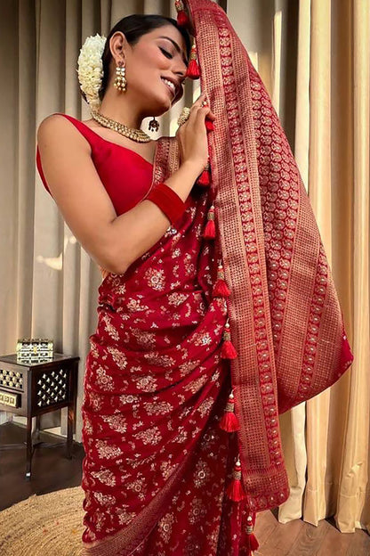 RED SOFT SEMI SILK SAREE WITH HEAVY BROCADE BLOUSE