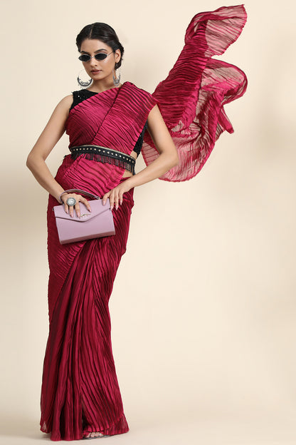 Magenta Pleated Rangoli Silk Saree With Belt