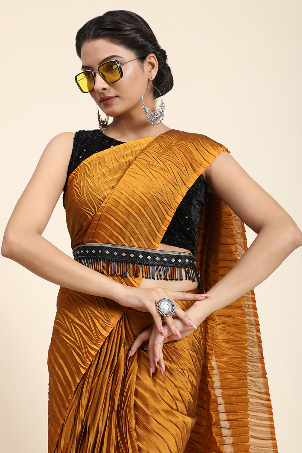 Mustard Yellow Rangoli Silk Saree With Belt