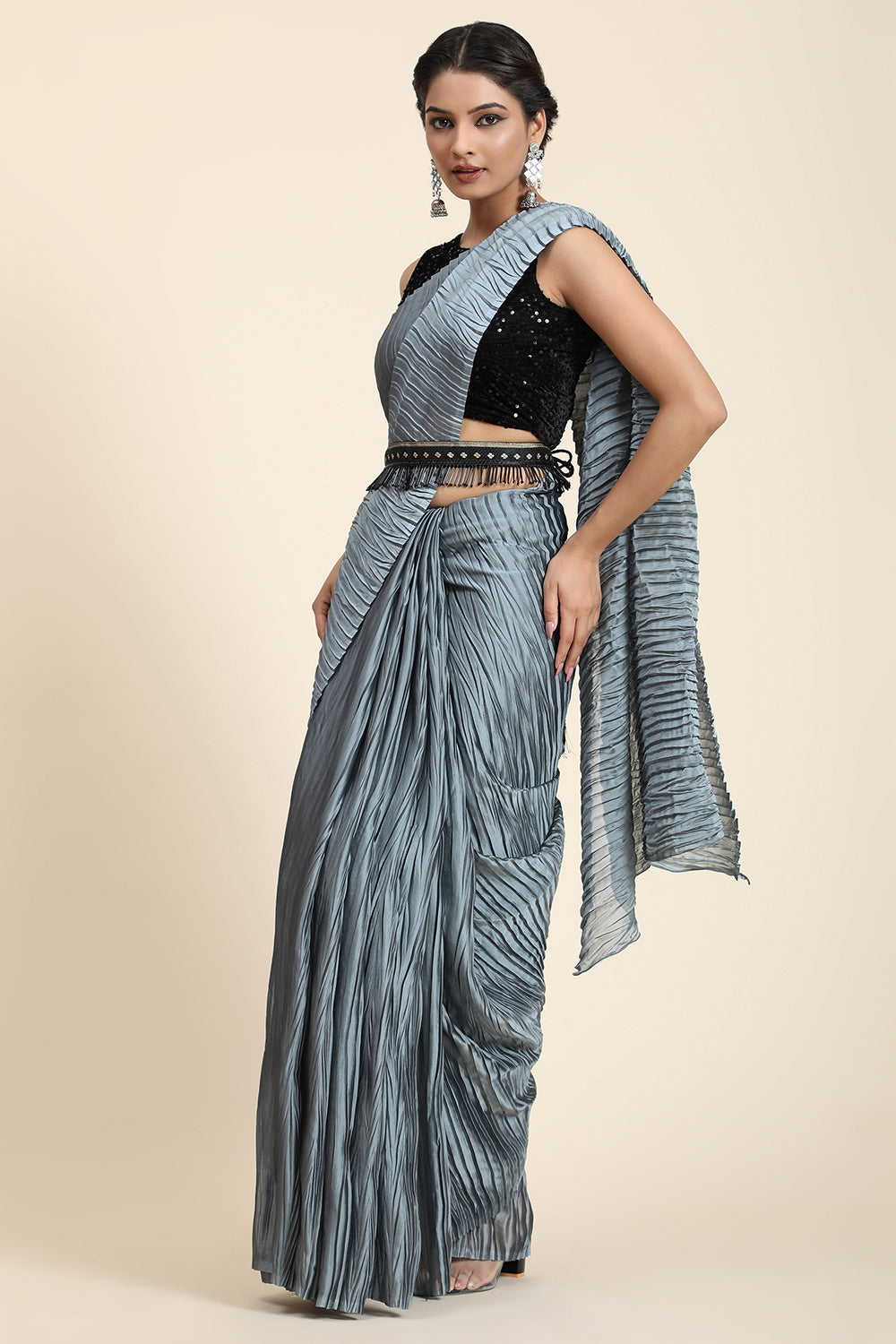 Shiny Gray Rangoli Silk Saree With Belt