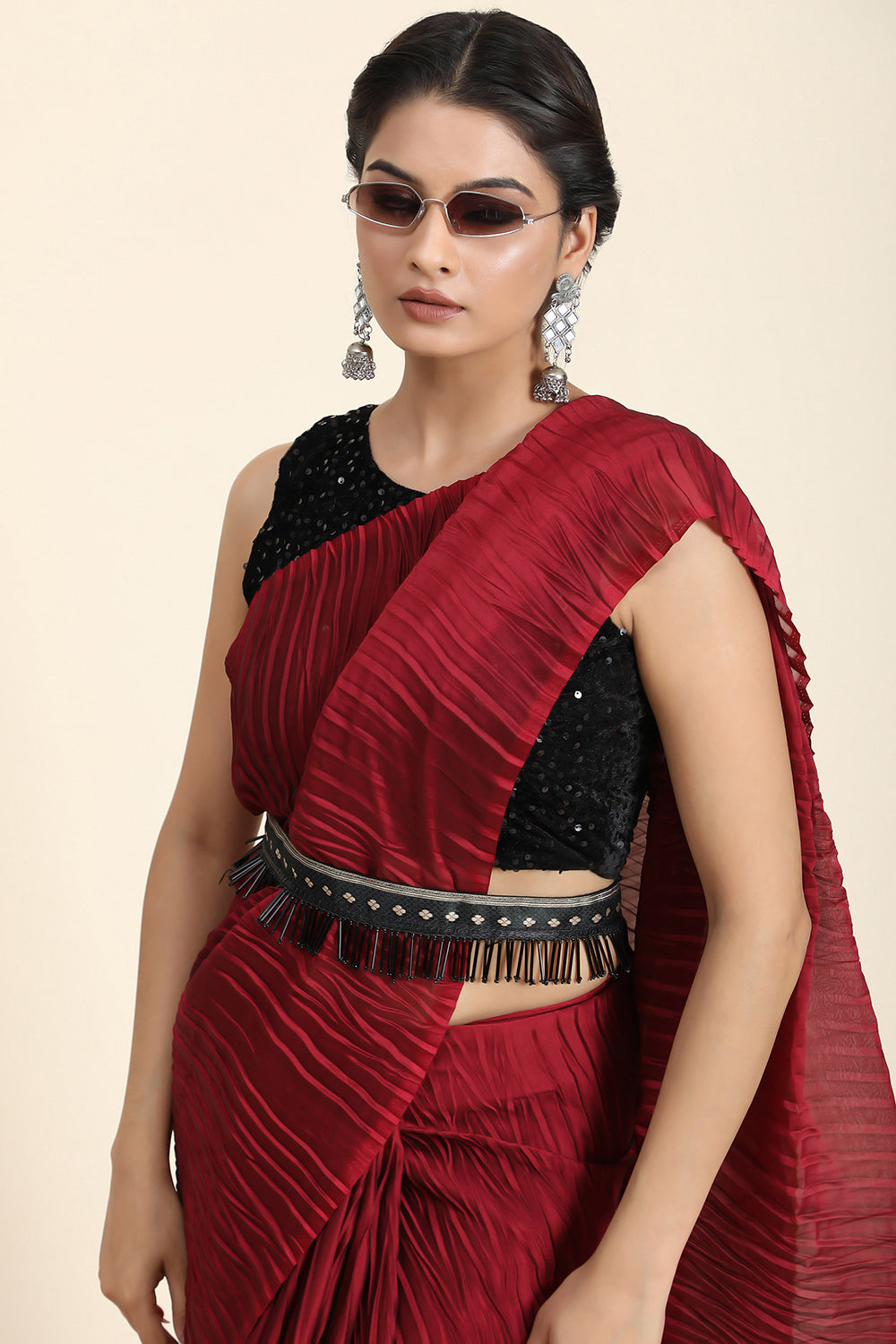 Dark Red Pleated Rangoli Silk Saree With Belt – Bahuji - Online
