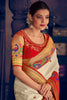 Creamy Cream zari Woven Paithani Silk Saree With Designer Red Blouse