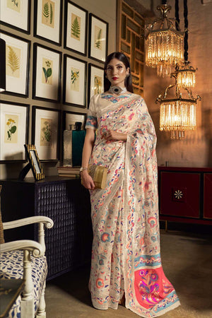 Oyster Cream Printed Woven Paithani Silk Saree With Blouse - Bahuji - Premium Silk Sarees Online Shopping Store