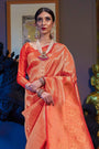 Fire Orange & Golden Zari Woven Kanjivaram Saree With Blouse