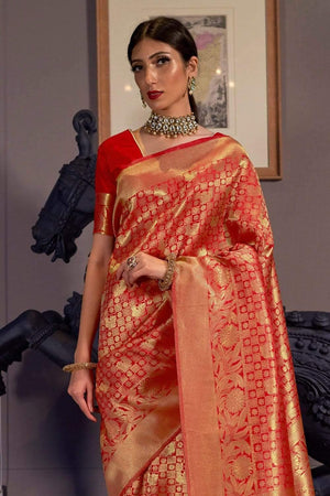 Glossy look red kanjivaram Saree 