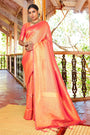 Sherbert Orange And Pink Shade Kanjivaram Silk Saree With  Zari Woven