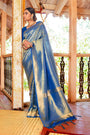 Azure Blue & Golden Zari Woven Kanjivaram Saree With Blouse