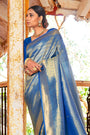Azure Blue & Golden Zari Woven Kanjivaram Saree With Blouse