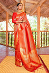 Amber Orange & Golden Zari Woven Kanjivaram Saree With Blouse - Bahuji - Premium Silk Sarees Online Shopping Store