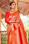 Amber Orange & Golden Zari Woven Kanjivaram Saree With Blouse - Bahuji - Premium Silk Sarees Online Shopping Store
