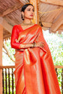 Amber Orange & Golden Zari Woven Kanjivaram Saree With Blouse
