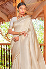 Oatmeal White & Golden Zari Woven Kanjivaram Saree With Blouse