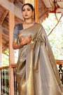Muslin Birch Gray & Golden Zari Woven Kanjivaram Saree With Blouse