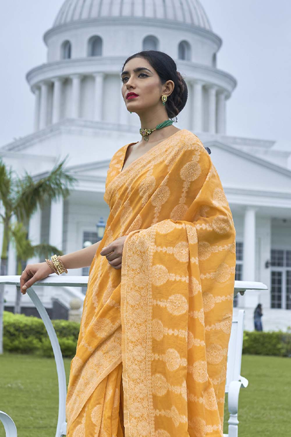 Granola Yellow Lucknowi Cotton Silk Saree With Plan Blouse - Bahuji - Premium Silk Sarees Online Shopping Store