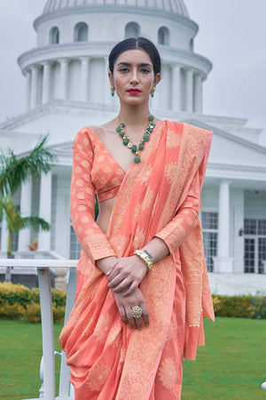 Starfish Orange Lucknowi Cotton Silk Saree With Plan Blouse - Bahuji - Premium Silk Sarees Online Shopping Store