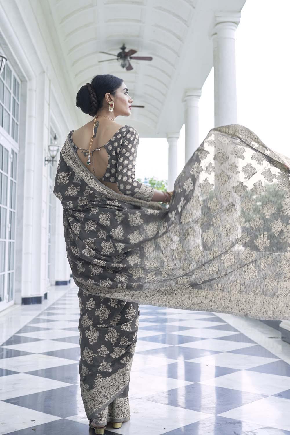 Anchor Grey  Lucknowi Cotton Silk Saree With Plan Blouse - Bahuji - Premium Silk Sarees Online Shopping Store