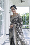 Anchor Grey  Lucknowi Cotton Silk Saree With Plan Blouse - Bahuji - Premium Silk Sarees Online Shopping Store