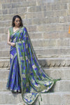 Basil Green & Blue Flower Printed Woven Digital Silk Saree With Blouse - Bahuji - Premium Silk Sarees Online Shopping Store