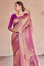 Plum Purple & Golden Zari Woven Kanjivaram Silk  Saree With Blouse