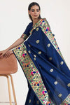 Navy Blue and Golden Paithani Silk Saree With Blouse - Bahuji - Premium Silk Sarees Online Shopping Store