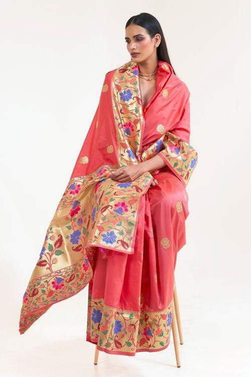 Tiger Orange Paithani Silk Saree With Blouse - Bahuji - Premium Silk Sarees Online Shopping Store