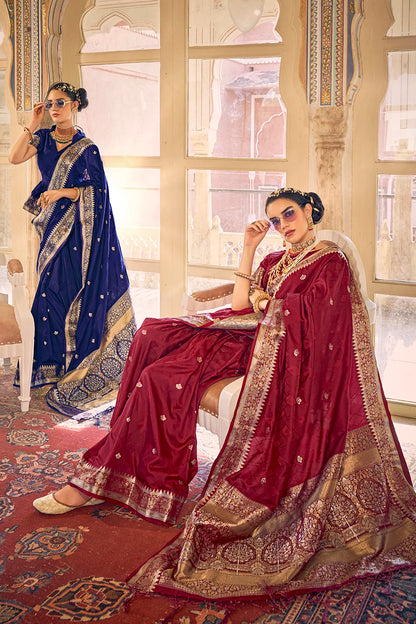 Maroon Soft Banarasi Silk Saree With Weaving Work
