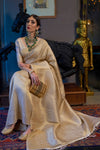 White & Golden Zari Woven Kanjivaram Saree With Blouse