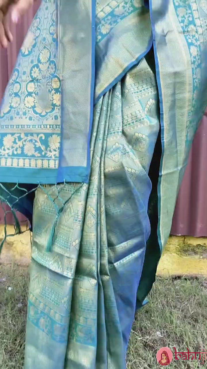 Basil Green &amp; Golden Zari Woven Kanjivaram Saree With Blouse