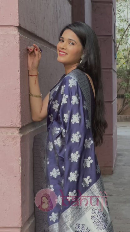 Denim Blue Soft Banarasi Silk Weaving Silver Zari Saree With Blouse
