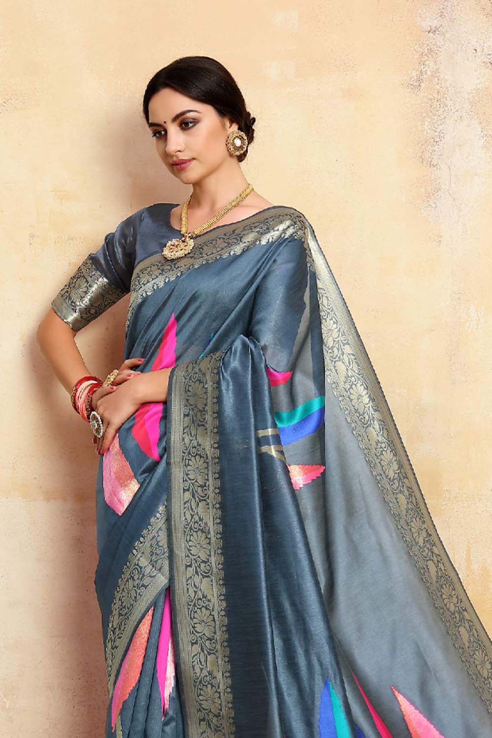 Stone Blue Colour Cotton Silk Saree  With Plan Blouse - Bahuji - Premium Silk Sarees Online Shopping Store