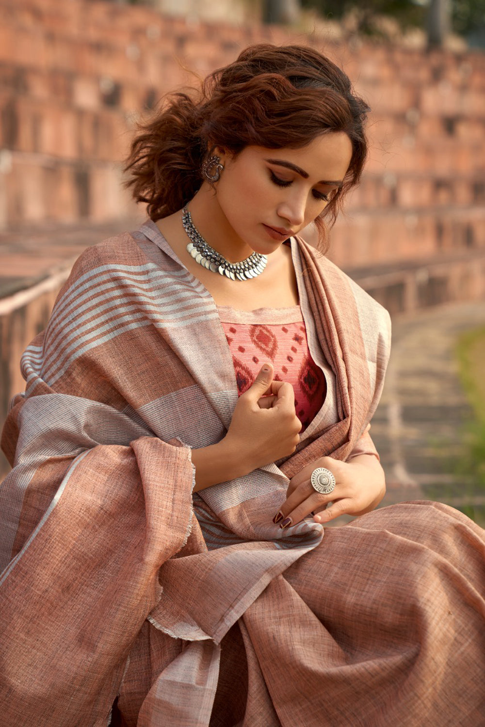 Light Brown Linen Silk Saree With Blouse