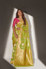 Light Parrot and Golden Zari Woven Pure Silk Saree With Pink Blouse